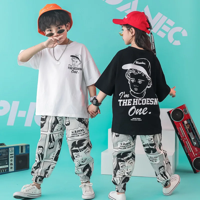 

Fashion Summer Loose T-shirt Cartoon Pants Hip Hop Dance Costume Jazz Street Clothes Children Stage Outfit for Kids Boys Girls