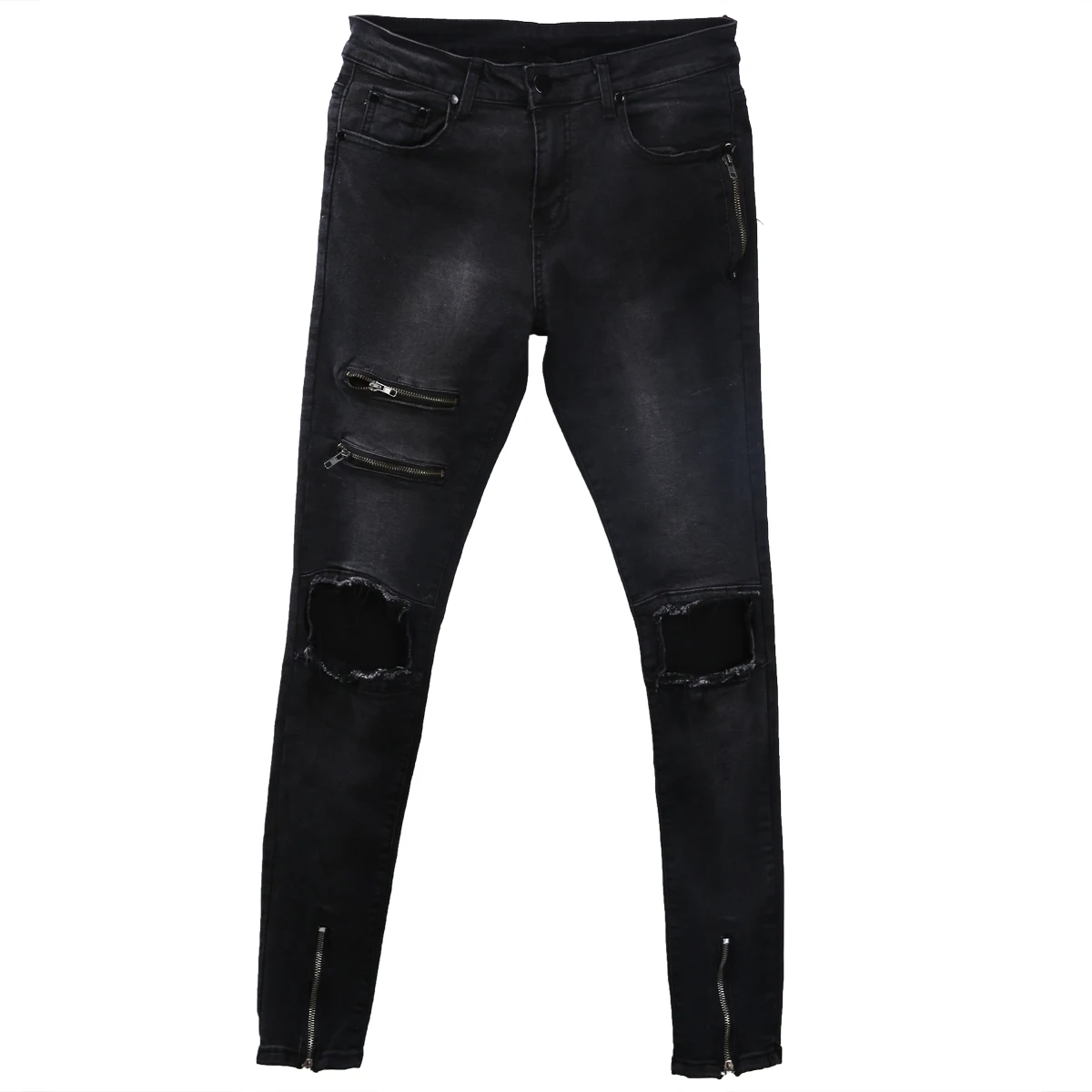 Винтажные мужские прямые облегающие джинсы с дырками черные потертые рваные