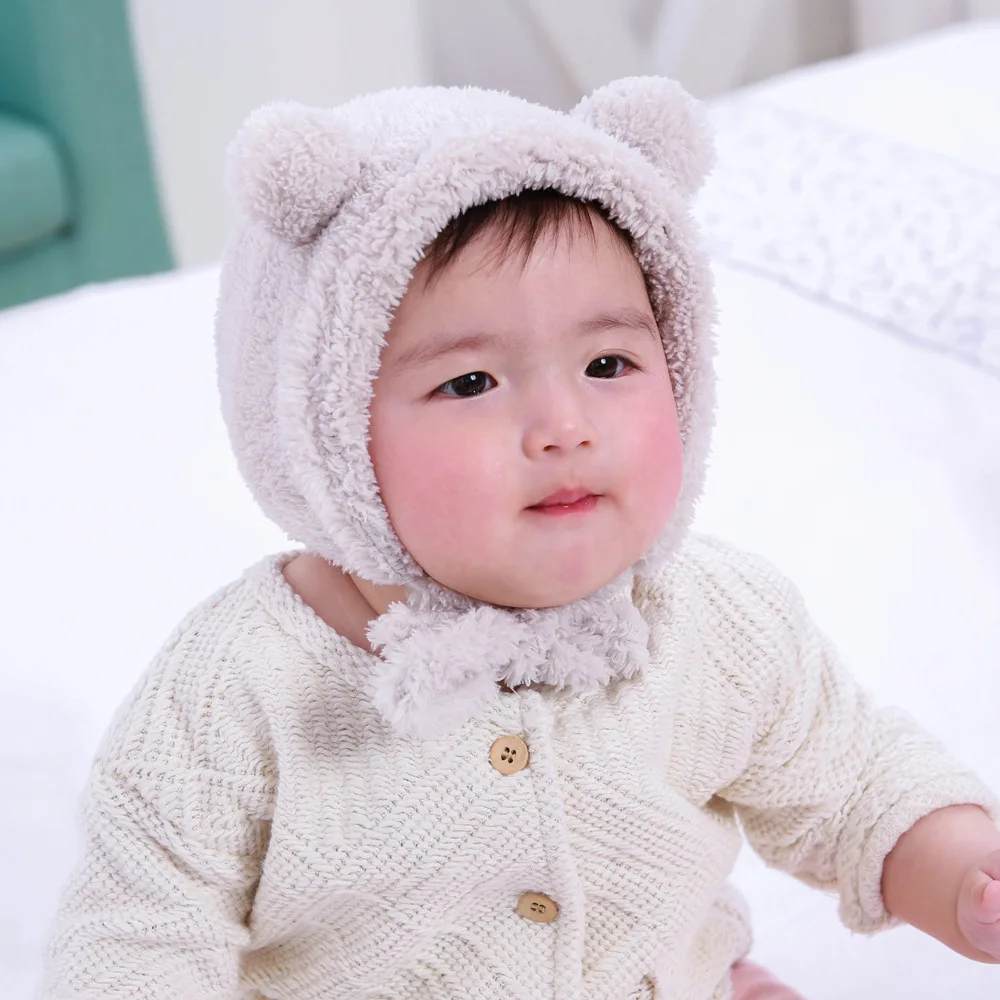 Милый медведь уши ребенка Шапки 6-36 месяцев младенческой Bebe осень-зима теплая шапка шапки флис для мальчиков и девочек капот ушанки