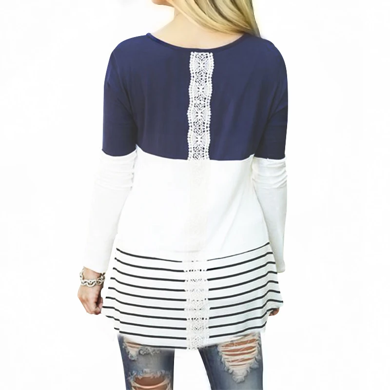 2018 летние Кружево лоскутные футболки Для женщин с длинным рукавом в полоску Топы