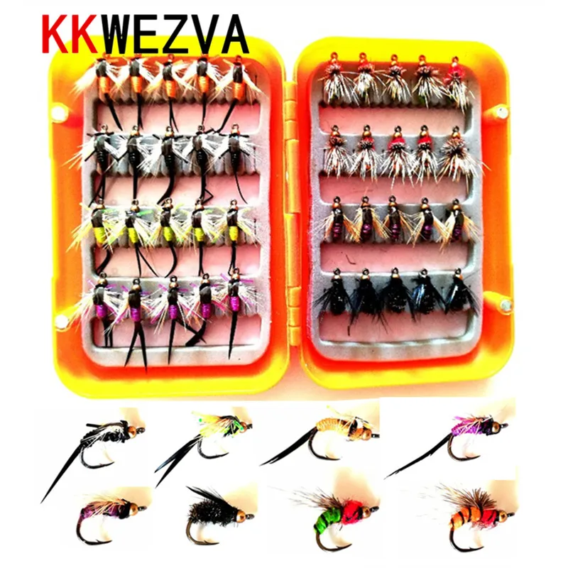 

KKWEZVA 40pcs with box Fishing Lure fly Insects different Style Salmon Flies Trout Single Dry Fly Fishing Lures Fishing Tackle