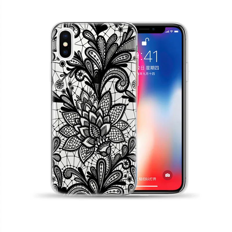 Черный сексуальный цветочный ТПУ чехол для iPhone XR XS Max 5 5S SE X 6 6S 7 8 Plus Мандала