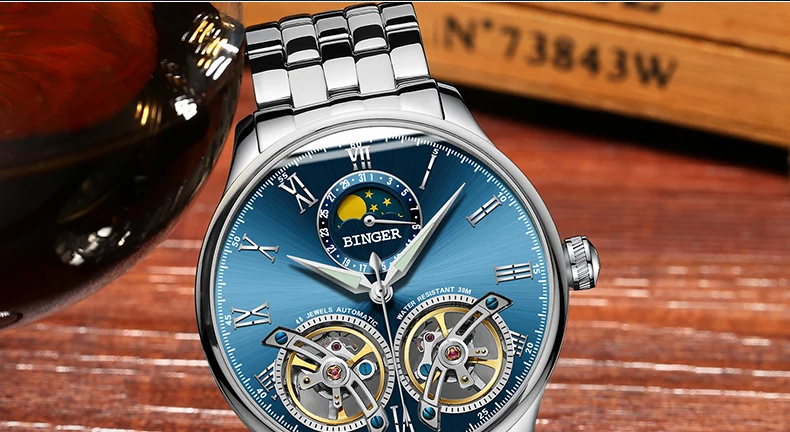 Двойной Tourbillon, швейцарские мужские часы, BINGER, оригинальные автоматические часы, мужские Модные механические наручные часы, кожаные часы