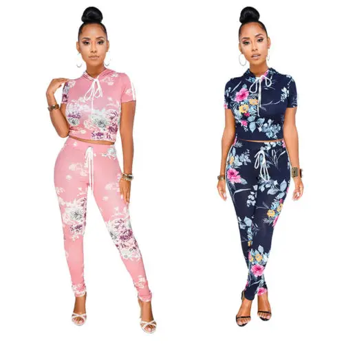 

Women Summer Floral Crop Top Pink Running Sport Fit Hooded Tops + Pants Two-piece Playsuit Bodysuit Jumpsuit Romper Outfit Set