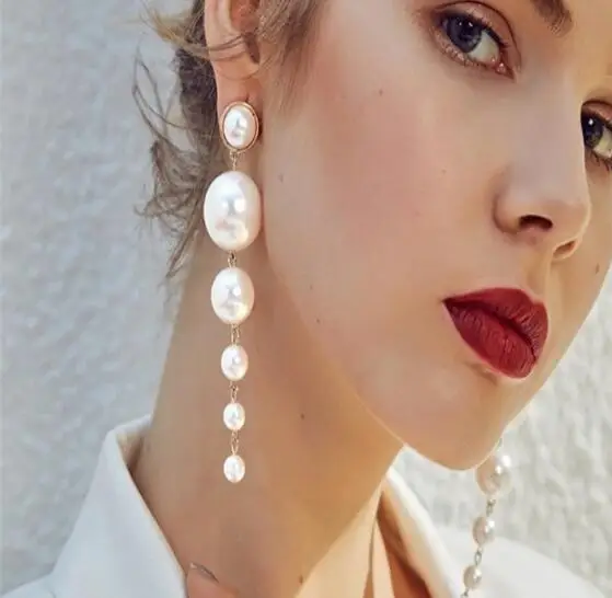 

NANBO Trendy Elegant Created Big Simulated Pearl Long Earrings Pearls String Statement Dangle Earrings For Wedding Party Gift