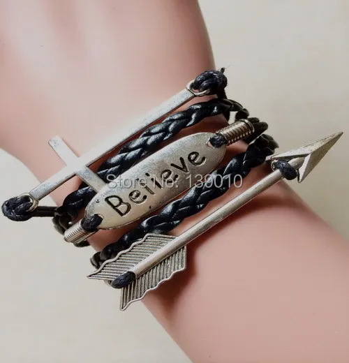 Сплав серебра крест поверьте стрелка манжеты браслет и браслеты черный