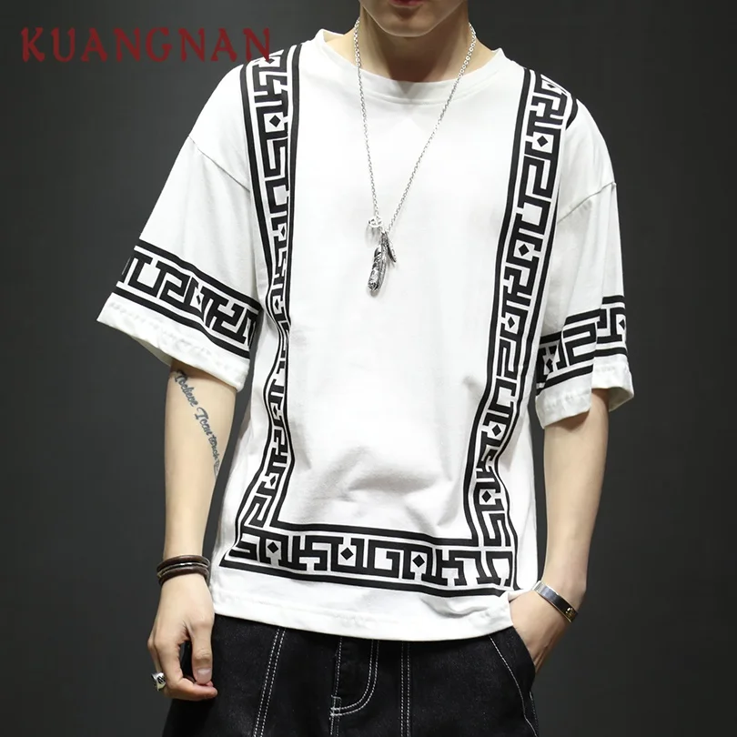 White KUANGNAN Harajuku уличная белая футболка Мужская модная забавная Футболка мужская футболка с коротким рукавом хип-хоп Футболка мужская 5XL Лето - Цвет: White