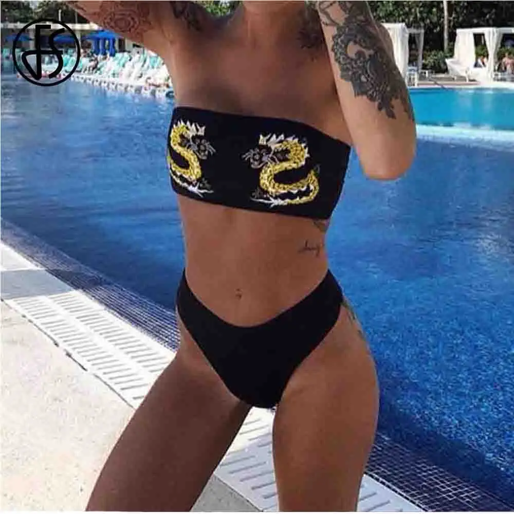 Купальные костюмы FS бандо женское бикини без бретелек Черный Высокая талия