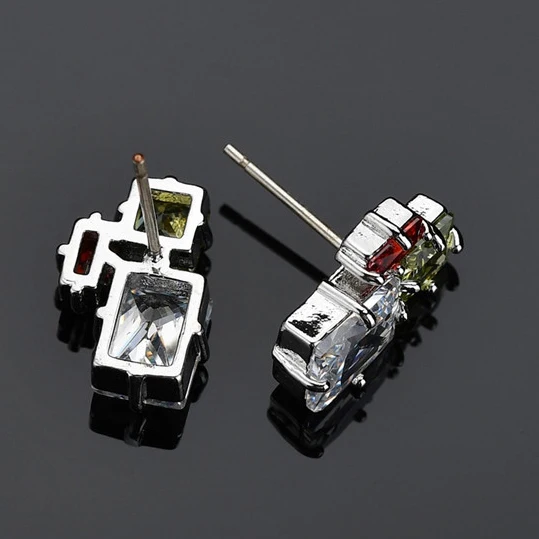

Earrings inlaid with 3 square colorful zircon stud earrings