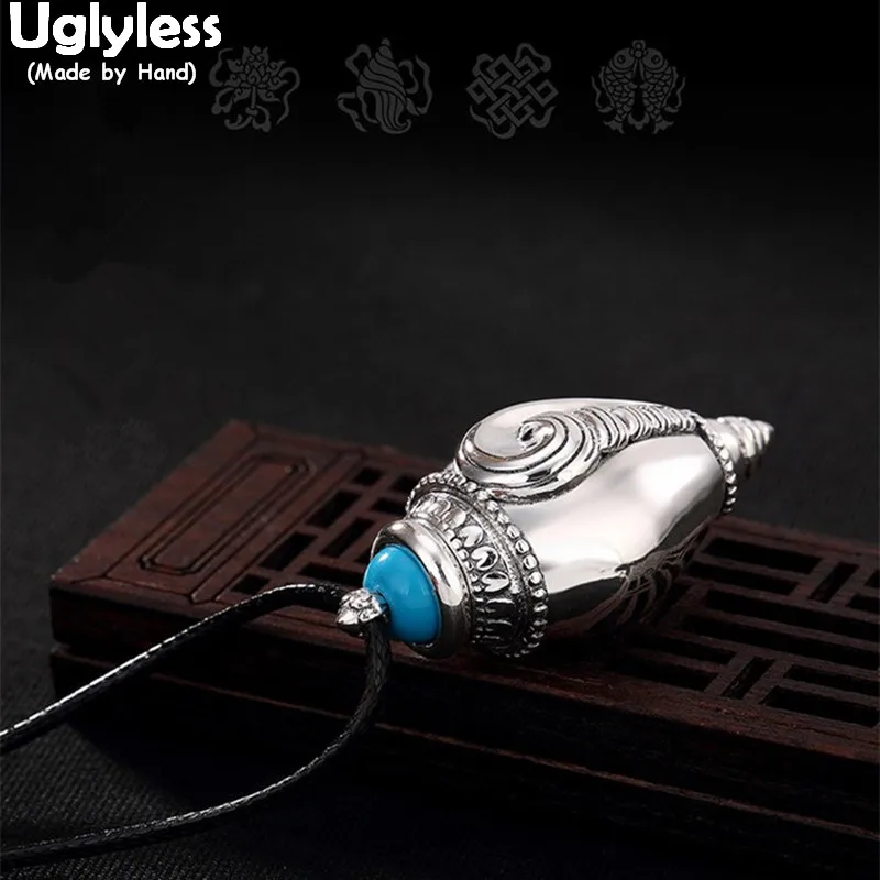 

Uglyless Real 999 Fine Silver Handmade Carve Buddhism Conch Pendant without Chain Unisex Turquoise Bijoux Gaudencio Openable Box