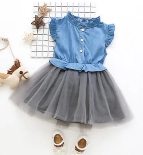 light blue short Детская одежда для девочек детские джинсы Сетчатое бальное платье-пачка для девочек, новинка года, весенние платья принцессы с длинными рукавами 40 - Цвет: light blue short
