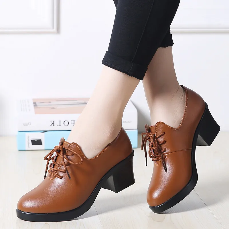 Light Brown PINSEN/женские туфли-лодочки на высоком каблуке; повседневные однотонные туфли из натуральной кожи на шнуровке; zapatos mujer; модная женская обувь черного цвета; chaussures femme - Цвет: Light Brown