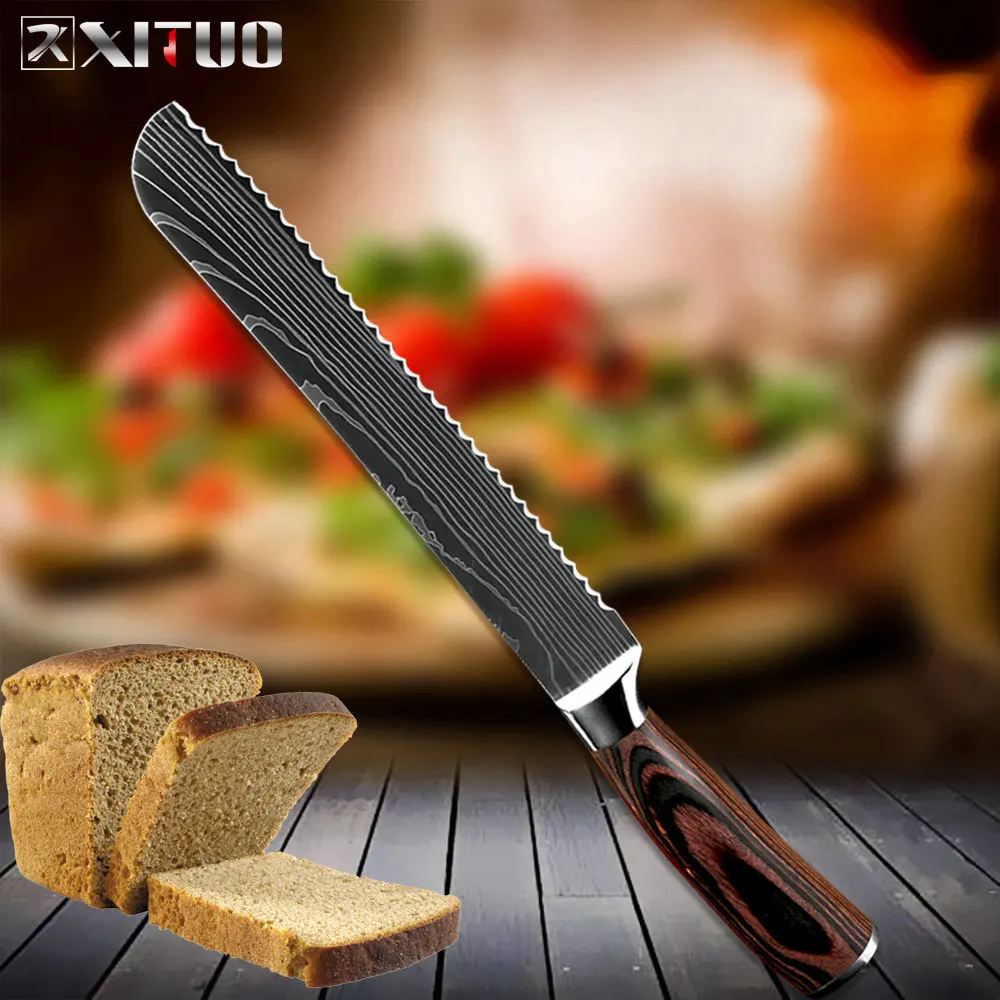 9 in bread knife XITUO кухонный нож 8 дюймов профессиональные ножи шеф-повара лазерный дамасский узор из нержавеющей стали для резки рыбы и мяса нож для нарезки сантоку подарок - Цвет: 9 in bread knife