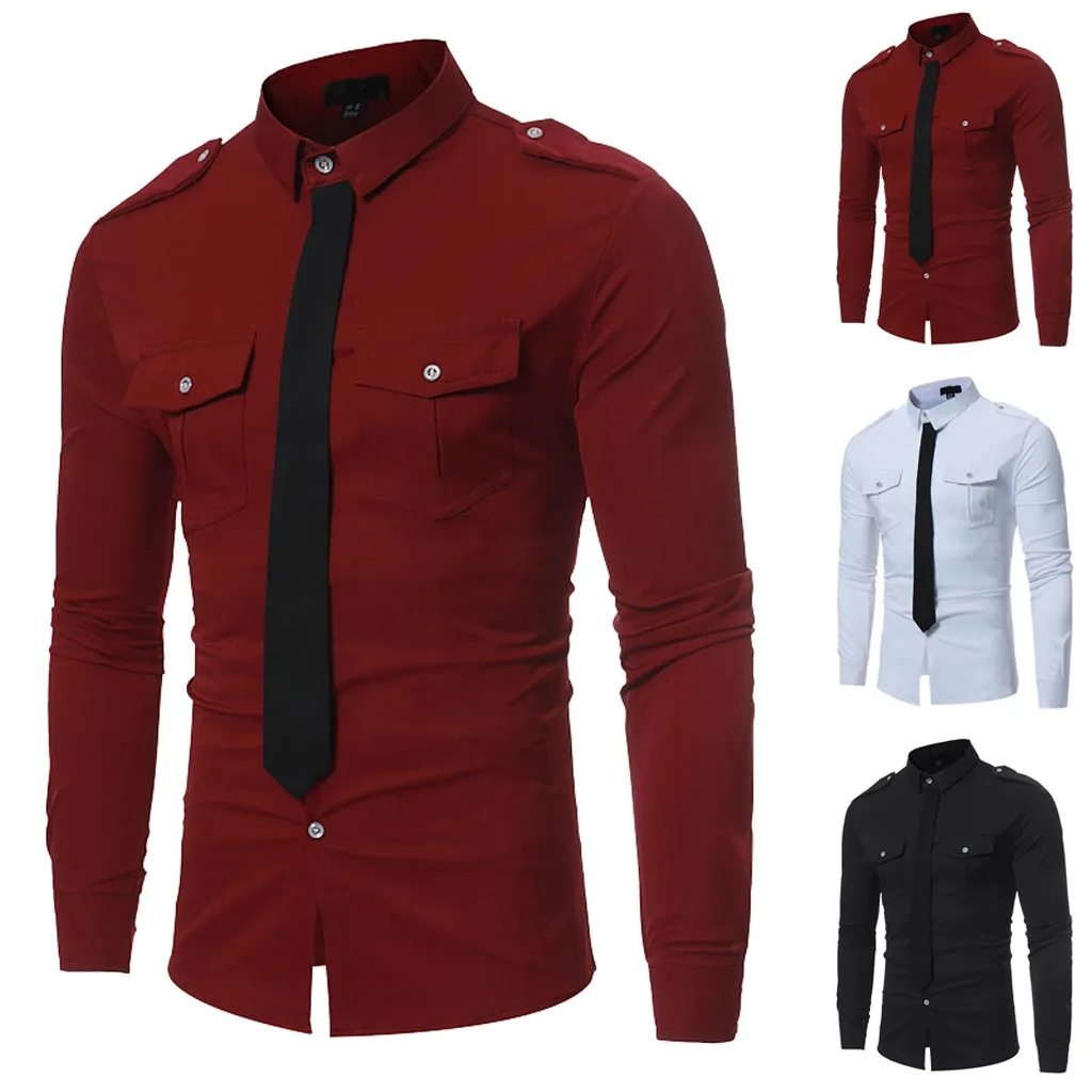 Весенние осенние мужские рубашки Slim Fit повседневные с длинным рукавом поддельный галстук Мужская рубашка сплошной цвет черно-белая блузка Топы Одежда