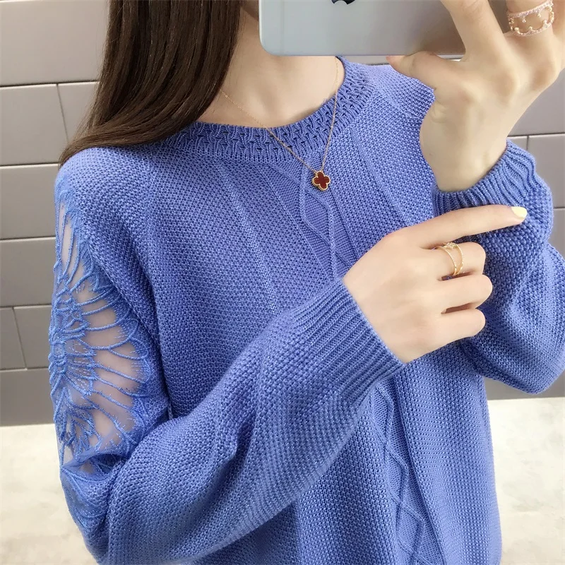 2020 (had 1 ranked no. 3) spring new round collar sweater clip bright silk raglan sleeve lace embroidery ladies' 44 | Женская одежда