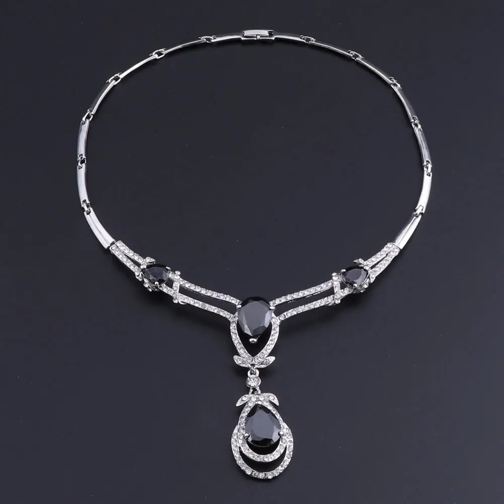 Classic Water Drop Necklace Earrings Set Luxury Silver Color Jewelry Sets For Women Wedding with Black AAA Cubic Zircon | Украшения и