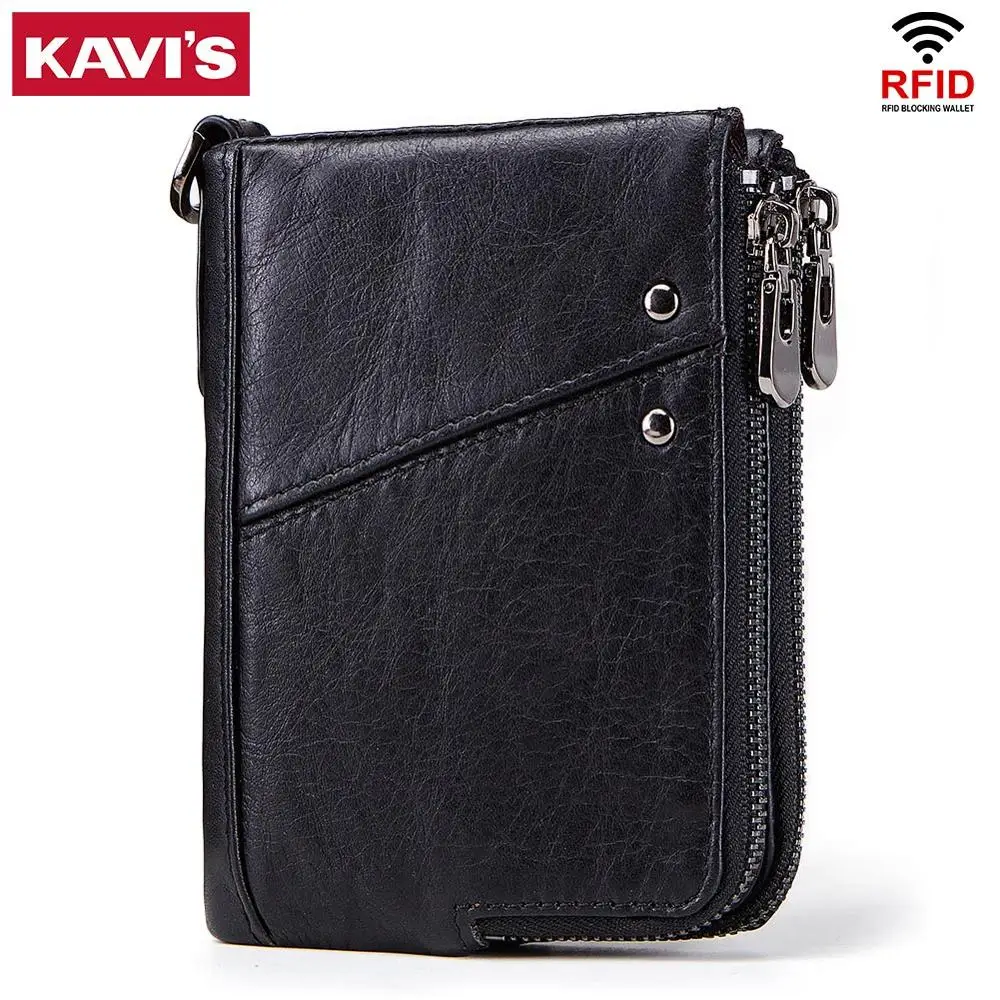 Black M KAVIS Rfid настоящий Crazy Horse кожаный бумажник мужской маленький Walet Portomonee мужской короткий кошелек для монет портфель держатель для карт - Цвет: Black M