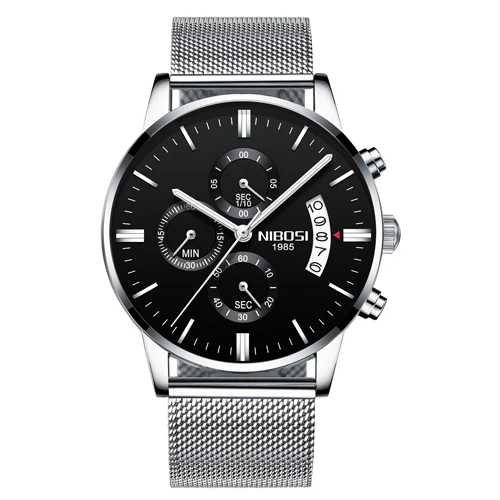 Silver black m Relogio Masculino Esportivo NIBOSI мужские часы модные с кожаным ремешком и сеткой из нержавеющей стали военные спортивные часы Saat - Цвет: Silver black m