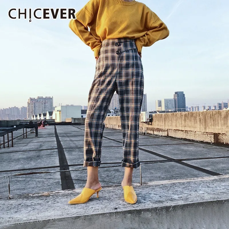 CHICEVER летние винтажные клетчатые штаны для женщин, высокая талия, тонкие пуговицы, длина по щиколотку, женские шаровары, новинка