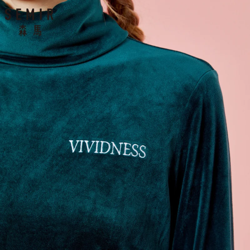 SEMIR Women Fitted Embroidered Velvet t Shirt Sweatshirt Long Sleeved with Roll-up Turtleneck Cozy Style for Winter Soft Lined | Женская
