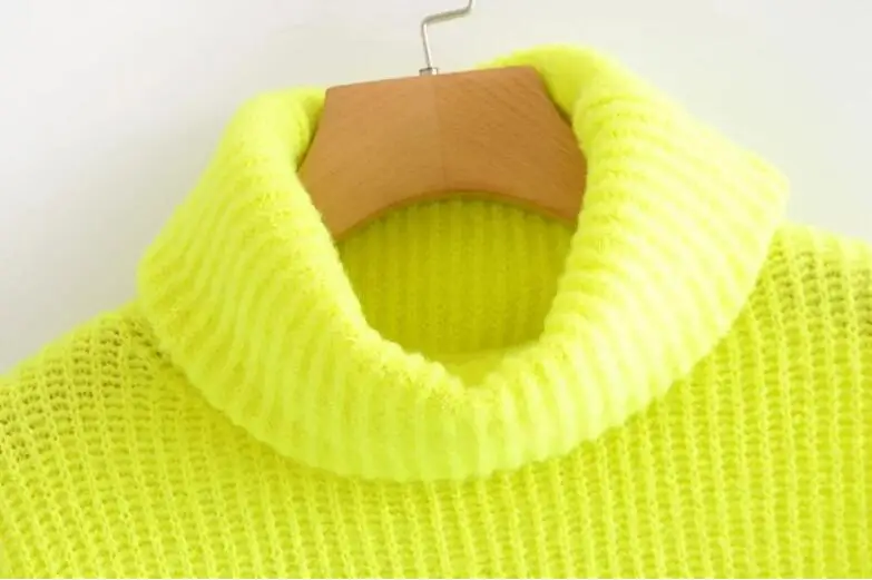 Stylish Striped Line Fluorescent Green Pullover Sweater Women Turtleneck Long sleeve Loose Knitwear Jumper Tops | Женская одежда