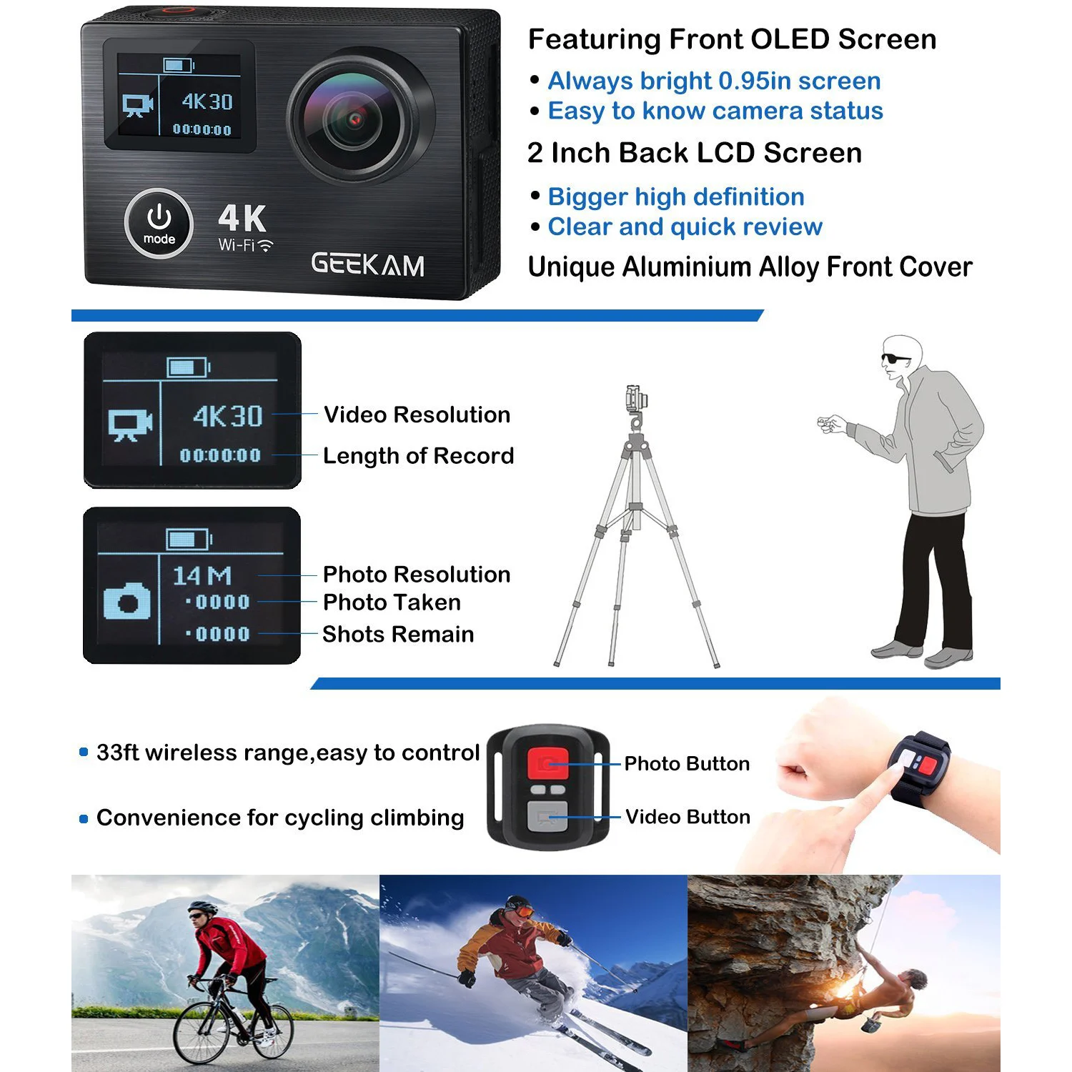 GEEKAM экшн Камера K8 со сверхвысоким разрешением Ultra HD 4 K WI FI спортивные 360VR 1080 P на 2