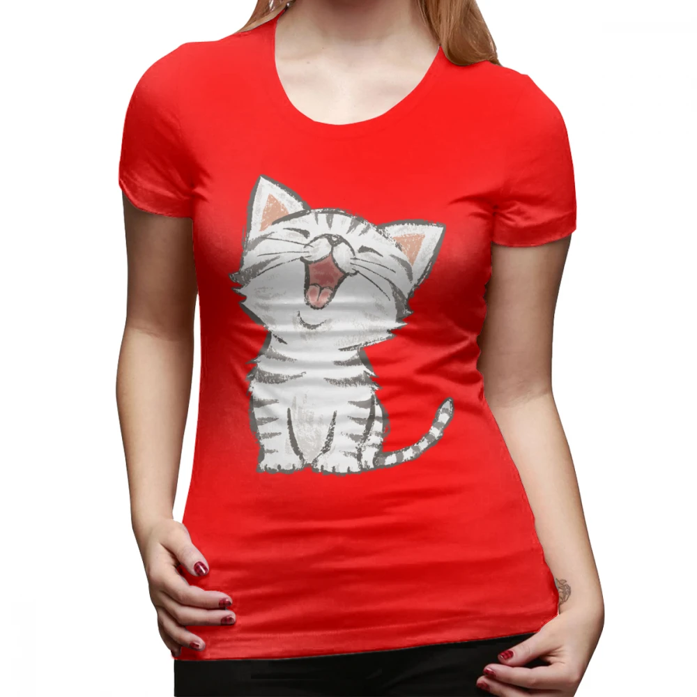 Kitten T-Shirt American Shorthair Happy T Shirt O Neck Funny Women tshirt Street Fashion Black Pattern Cotton Ladies Tee Shirt - Цвет: Красный