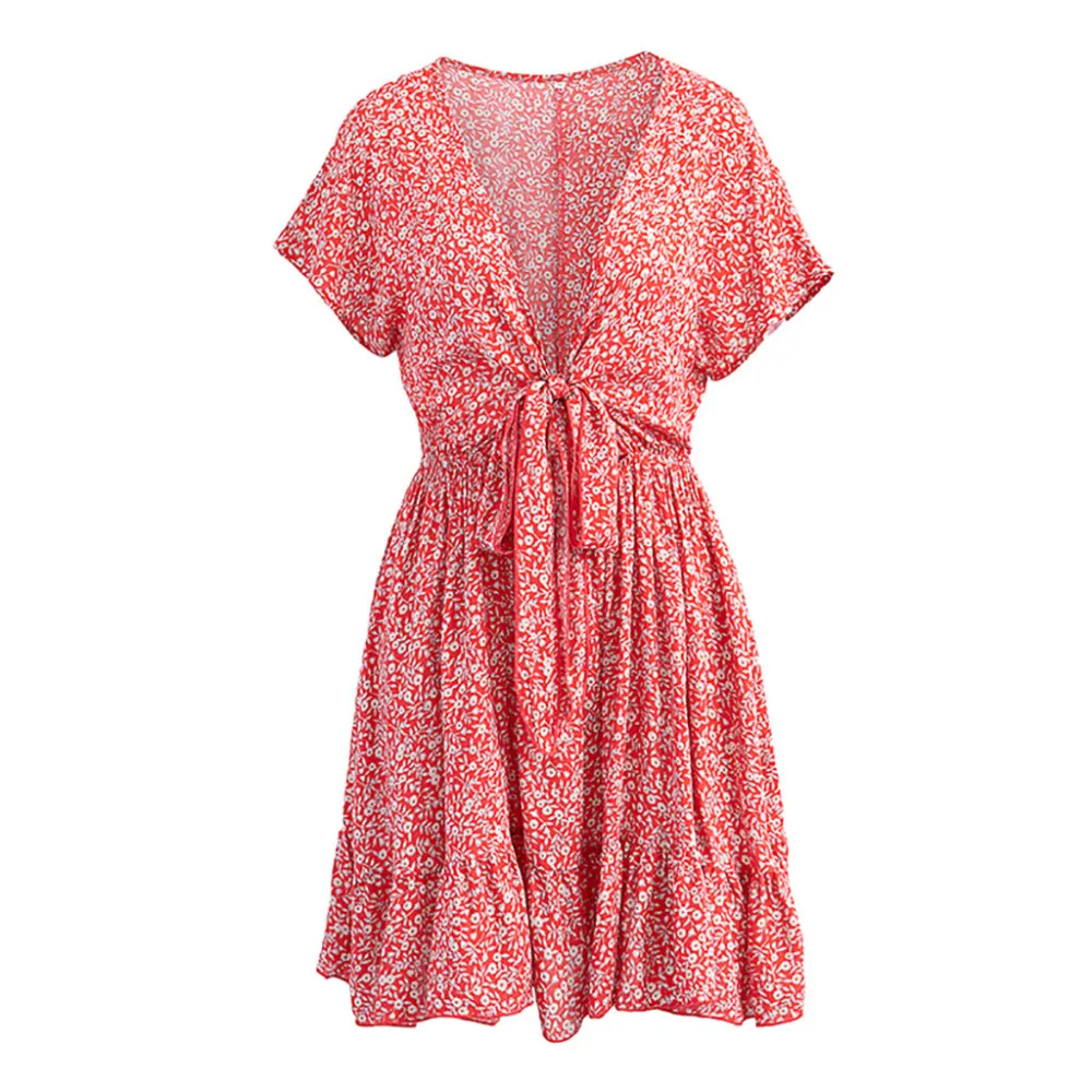 Женское мини платье с коротким рукавом глубоким V образным вырезом и