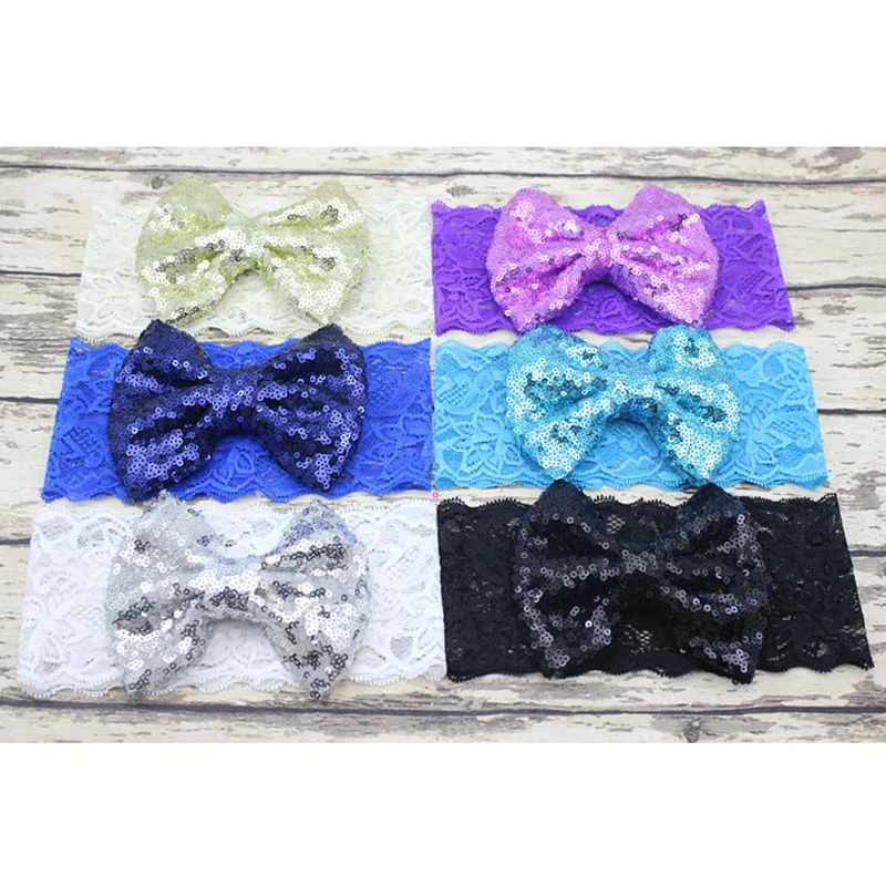 1 шт. Блёстки Кружево повязка большой бант hairbands бантом Головные уборы сверкающих
