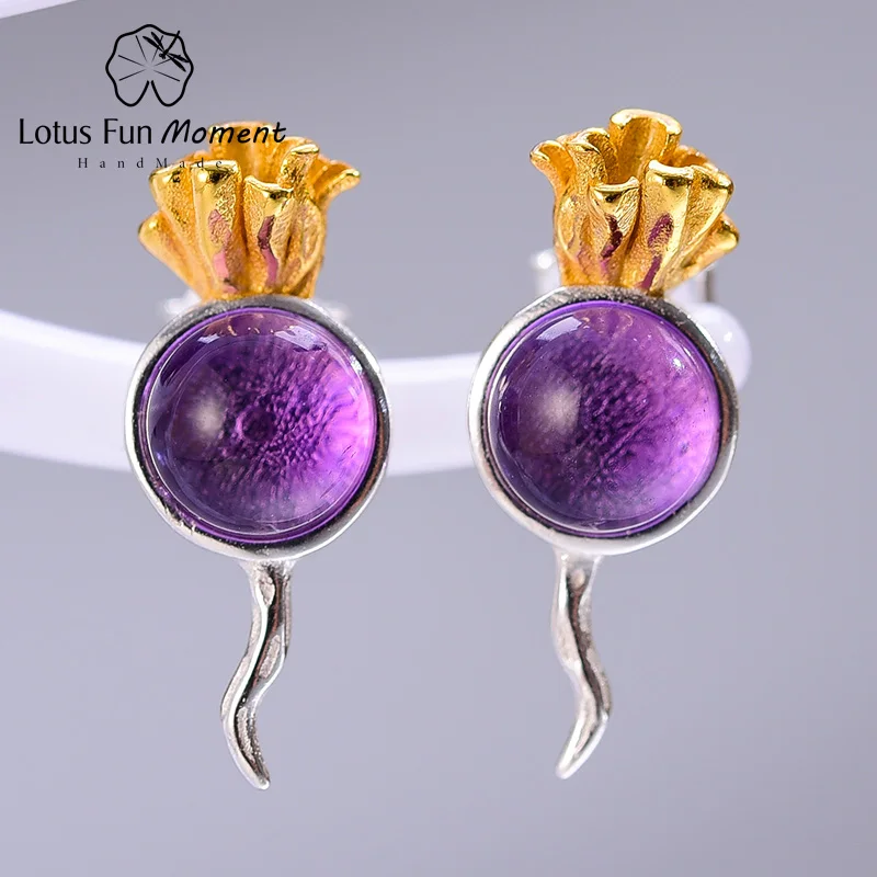 Lotus Fun Moment Настоящее серебро 925 проба натуральные ювелирные изделия ручной работы модные уникальные серьги гвоздики редис для женщин Bijoux - Metal Color: Amethyst