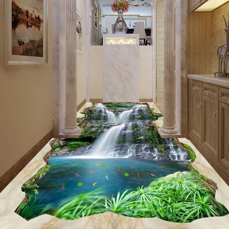 

Free Shipping Cliff Valley Falls Lotus Carp Bathroom Kitchen Floor wear non-slip bedroom living room kitchen flooring mural