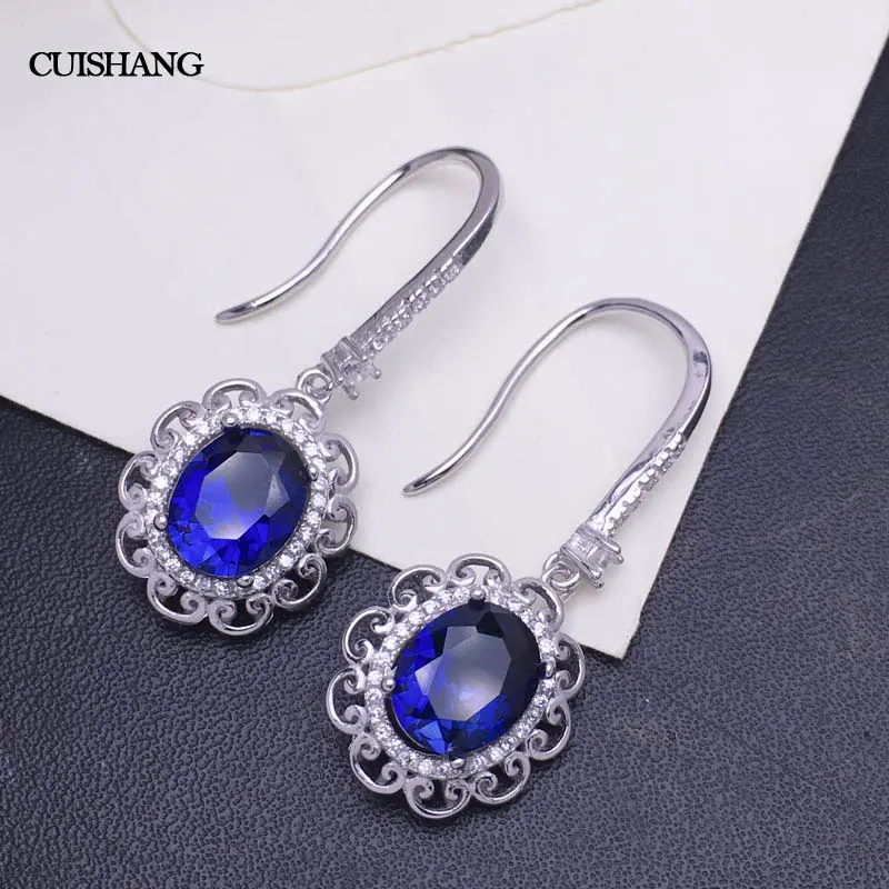 

CSJ Blue Sapphire Pure Drop Earrings Solid 925 Sterling Silver For Girls Women Gemstone Jewelry Women Fashion