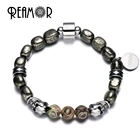 REAMOR натуральные железные бусины из пирита и камни Dzi браслет 316l из нержавеющей стали череп голова бусины для мужчин