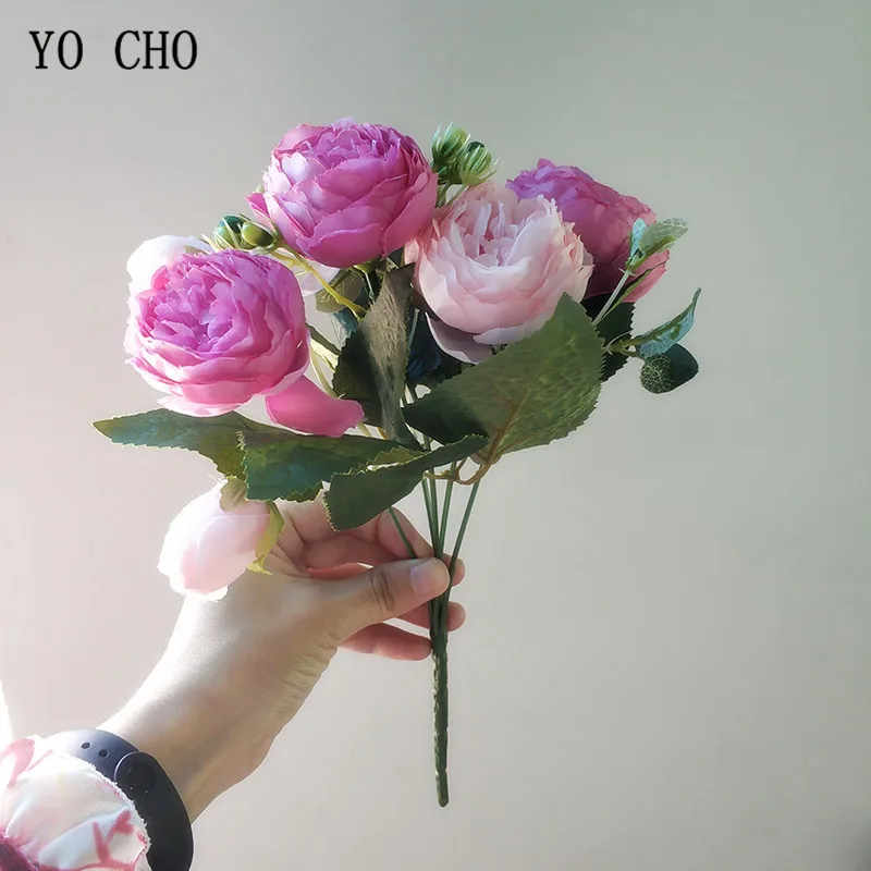 YO CHO фиолетовый розовый белый пионы розы Искусственные цветы 5 больших головок 4 бутона/Букет Шелковый Пион для свадьбы