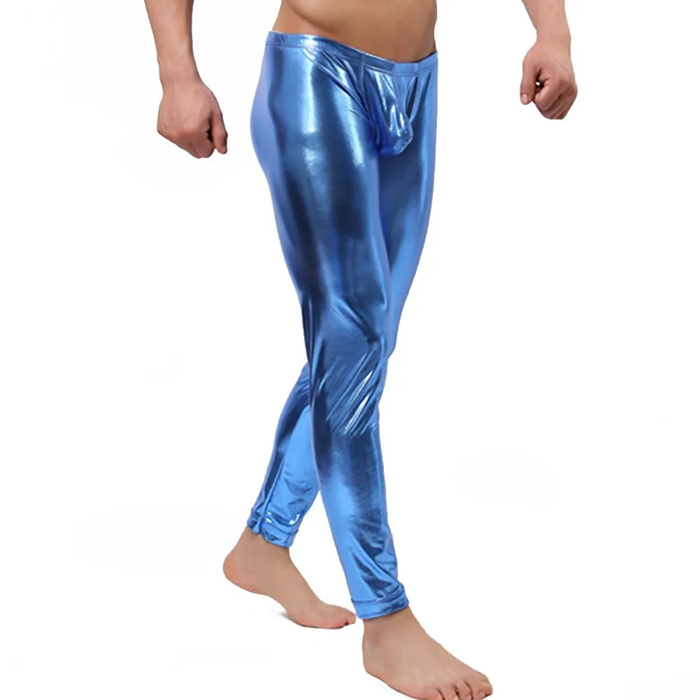 Blue Фетиш мужчины сексуальные Wetlook лакированная кожа полюс экзотические танцы брюки латексные леггинсы выпуклый мешок длинные брюки нижнее белье Клубная одежда - Цвет: Blue