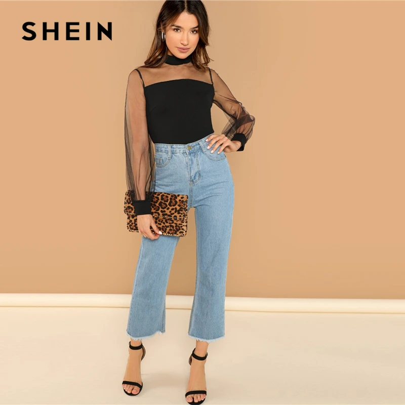 SHEIN Прозрачная Сетчатая Блуза С Высоким Вырезом Контрастная Сетчатая Облегающая Блуза С Оригинальным Рукавом