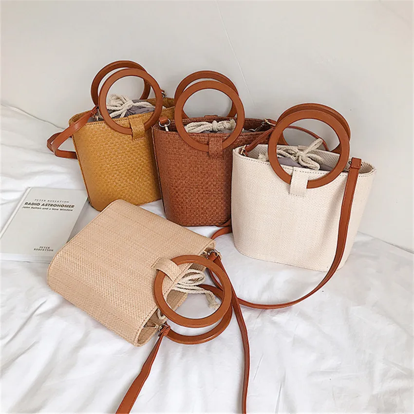 TOYOOSKY Женская модная соломенная сумка с круглой деревянной ручкой сумка-тоут