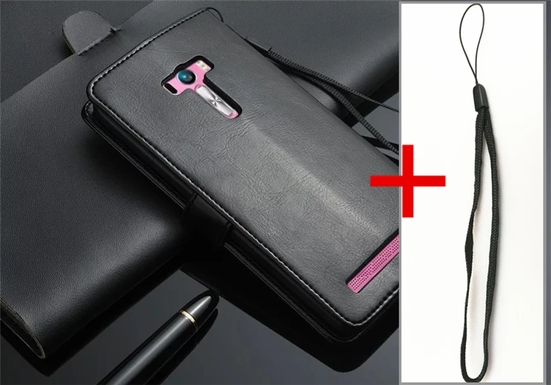 Capa Zenfone Selfie держатель для карт, чехол для ASUS Zenfone Selfie ZD551KL, кожаный чехол для телефона, кошелек, откидная крышка, кобура - Цвет: Black Lanyard 1