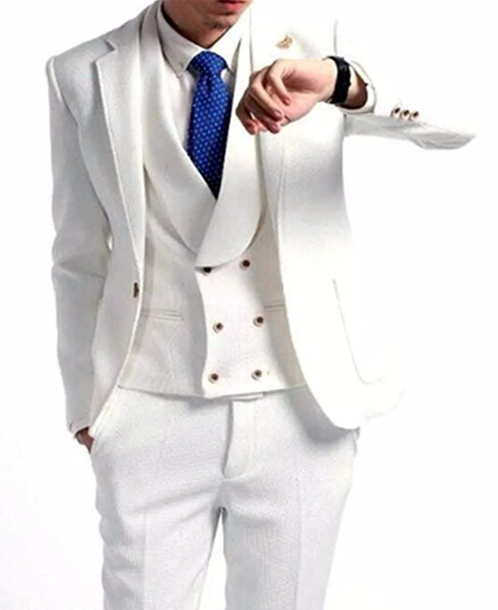 

Men's White Suit Prom Terno Masculino Men's Suit 3 Piece Formal Suit Notch Lapel Blazer Double-Breasted Vest & Trousers Set