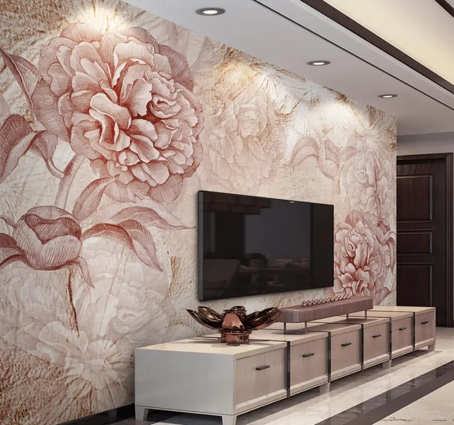 

Custom American 3D Mural Wallpaper Hand drawn vintage tv Background Wall Flowers TV Backdrop