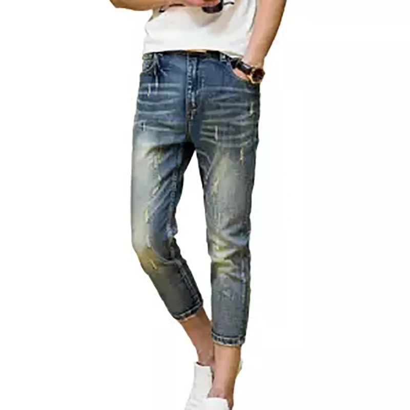 Мужские летние джинсы длиной до середины икры рваные Капри с дырками для