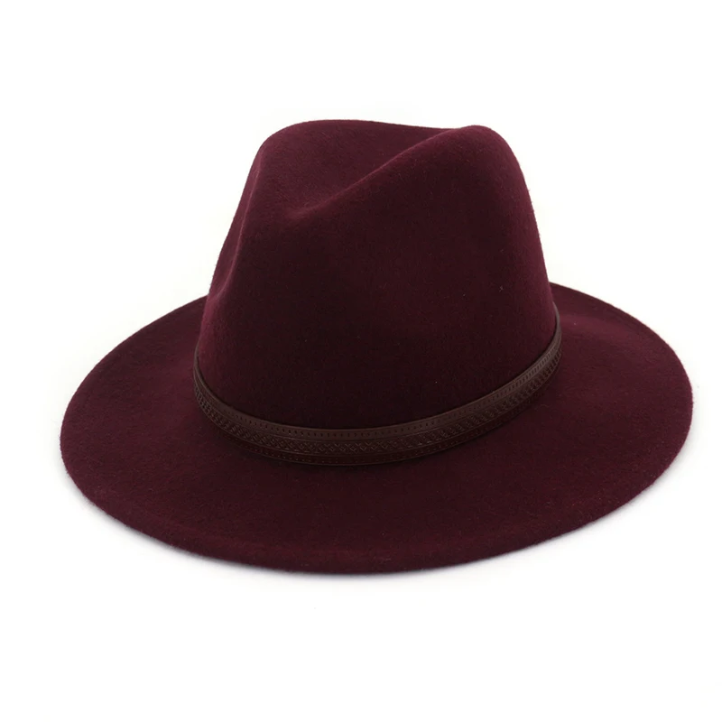 Шляпа федора из 100% шерсти с кожаным узором широкими полями|Мужские фетровые
