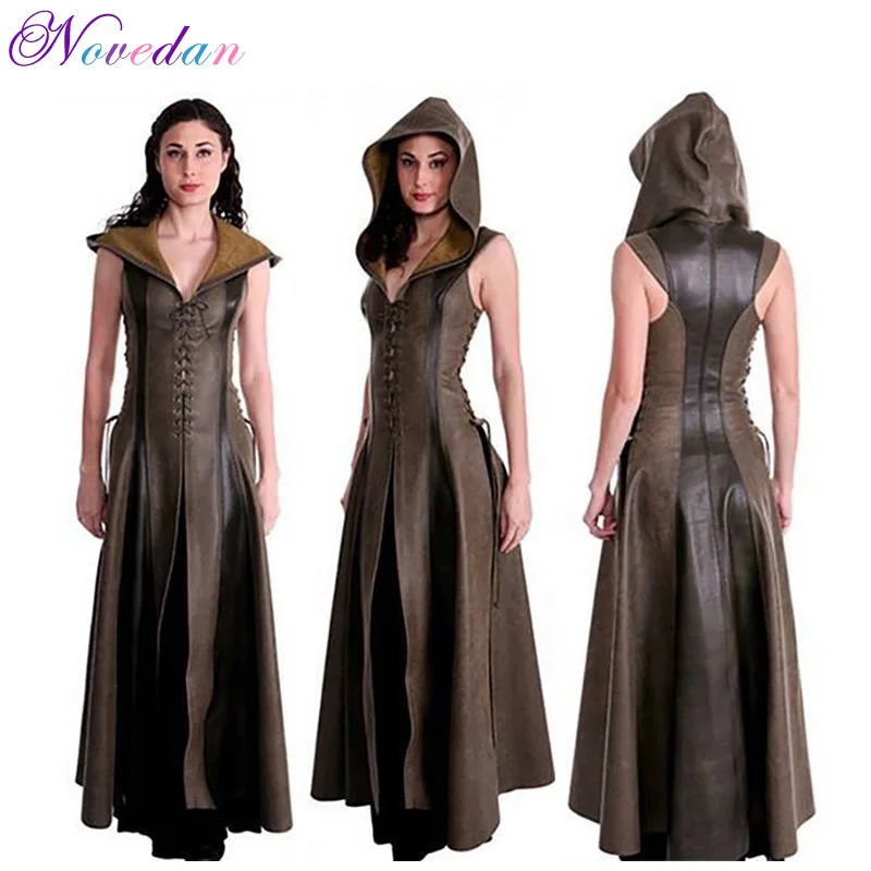 

Women Robe Leather Sleeveless Costumes V Neck Hat Frenulum High Waist Clothing