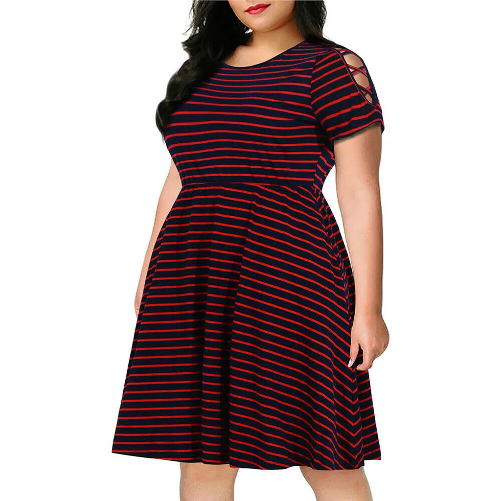

Stripe Dress for Women Summer Cold Shoulder Ruffle Round Neck Plus Size Casual Mini Boho Beach Skater Dress 2019 Ropa Mujer 5.7