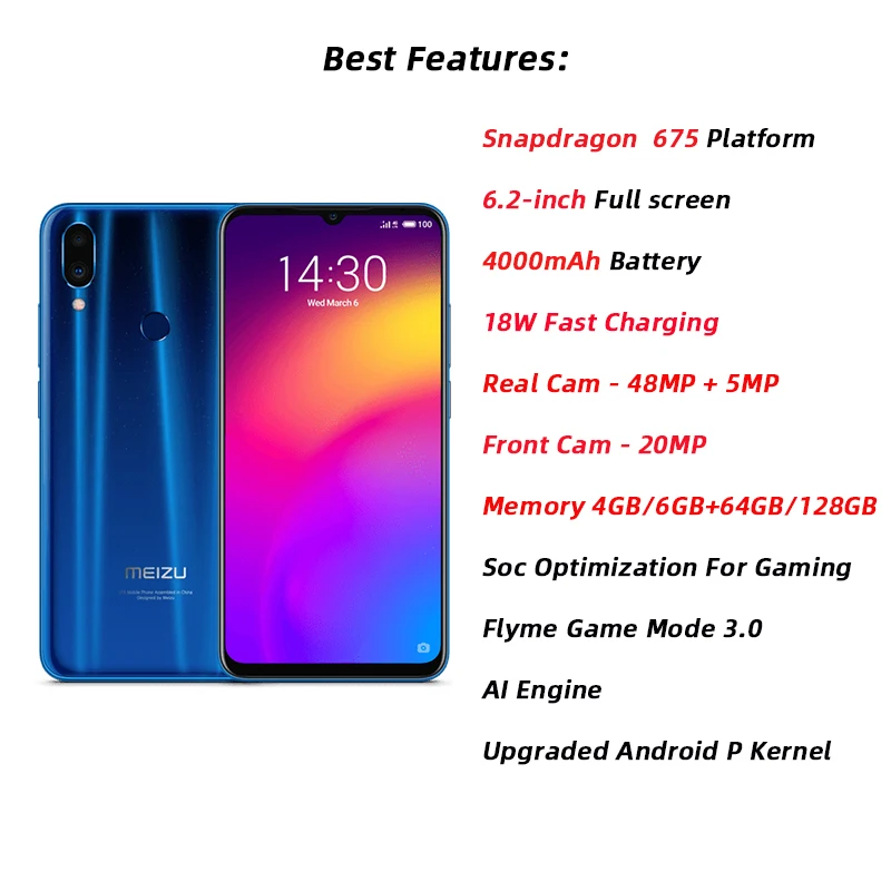 Глобальная ПЗУ Meizu Note 9 Note9 4 Гб 64 Snapdragon 675 Восьмиядерный 6 2 2244x1080 P экран двойная