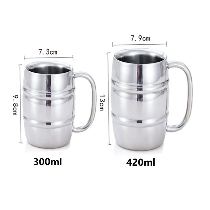 1 шт бар пивной кружки 300/420 ml 304 нержавеющая сталь Ручка дважды Слои пивные кружки виски чаша бокал для вина посуда для бара чашки