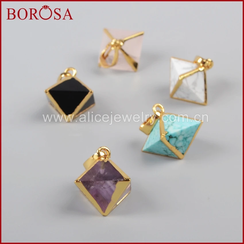 BOROSA Новое поступление! Золотой Цвет Пирамида точка мульти-вид камни друзы граненый Кулон Бусы G1004
