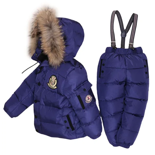 Тёмно-синий Girls Boy Snowwear Kids Winter Jumpsuit Windproof Waterproof Warm Duck Down Jacket Pants Snowboarding Children Clothing Set Suit - Цвет: Тёмно-синий