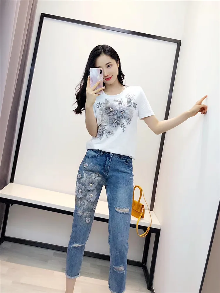 ALPHALMODA летние женские стильные футболки с коротким рукавом, джинсовые тяжелые хлопковые футболки с 3D цветочным принтом и рваные брюки