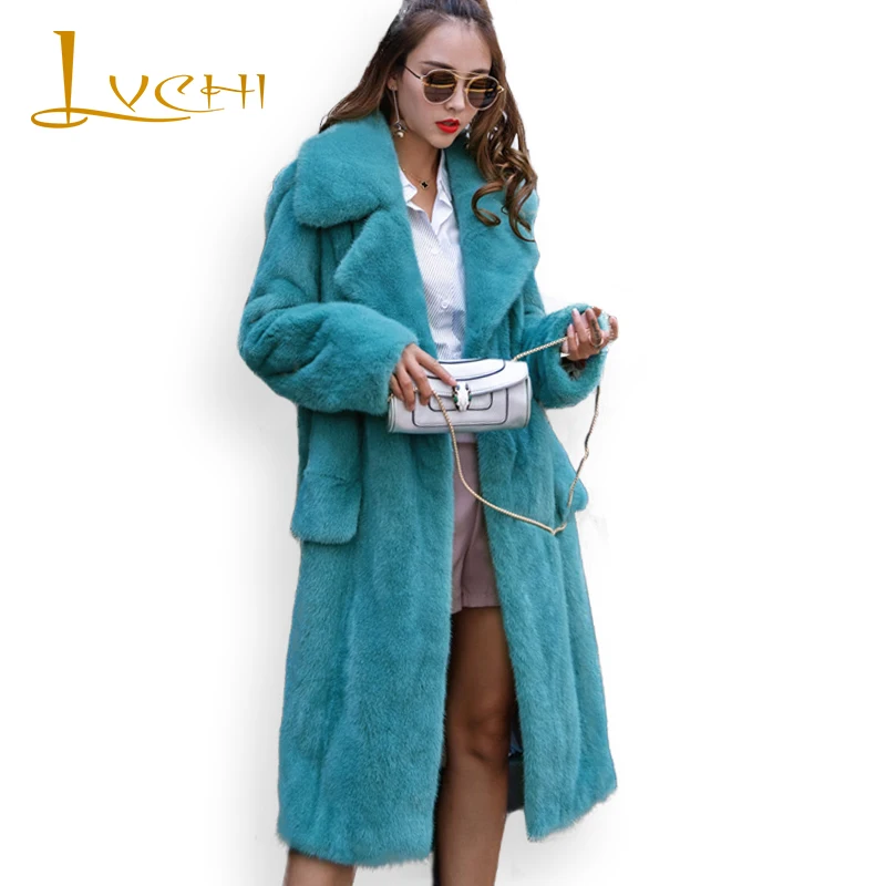 Женское пальто с отложным воротником LVCHI фиолетовое длинное из натурального меха